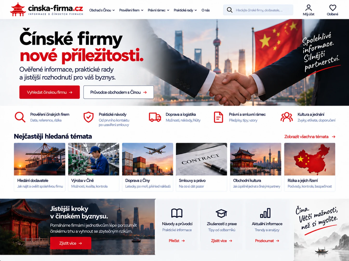 Ilustrační návrh pro CinskaFirma.cz zaměřený na vyhledávání firem, obchodní spolupráci, logistiku, smlouvy a řízení rizik